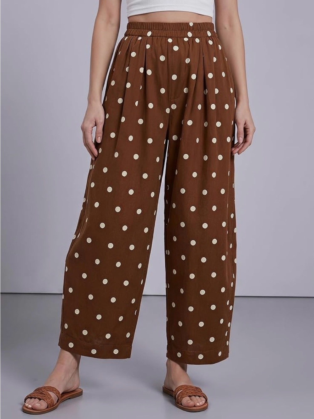 Women’s Brown Polka Dot Wide-Leg Pants with Elastic Waist
